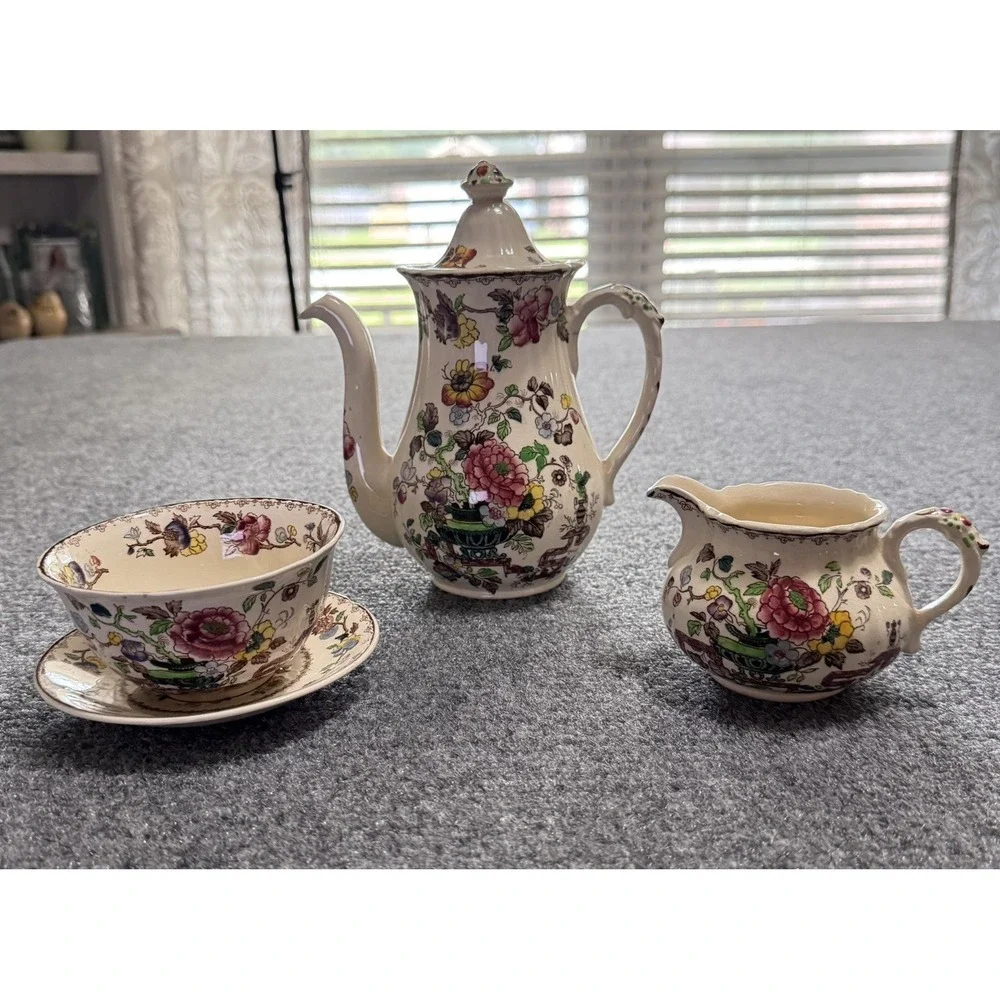 VTG Mason's Patent Ironstone Nabob Tea Set Teapot‎ Open Sugar Bowl Creamer Rare